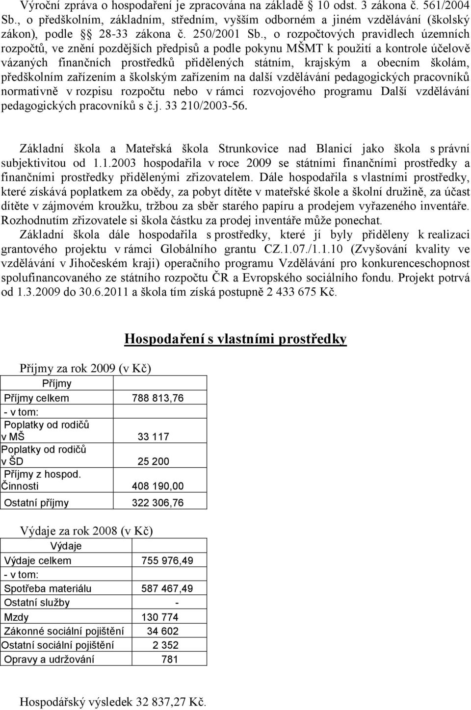 , o rozpočtových pravidlech územních rozpočtů, ve znění pozdějších předpisů a podle pokynu MŠMT k použití a kontrole účelově vázaných finančních prostředků přidělených státním, krajským a obecním