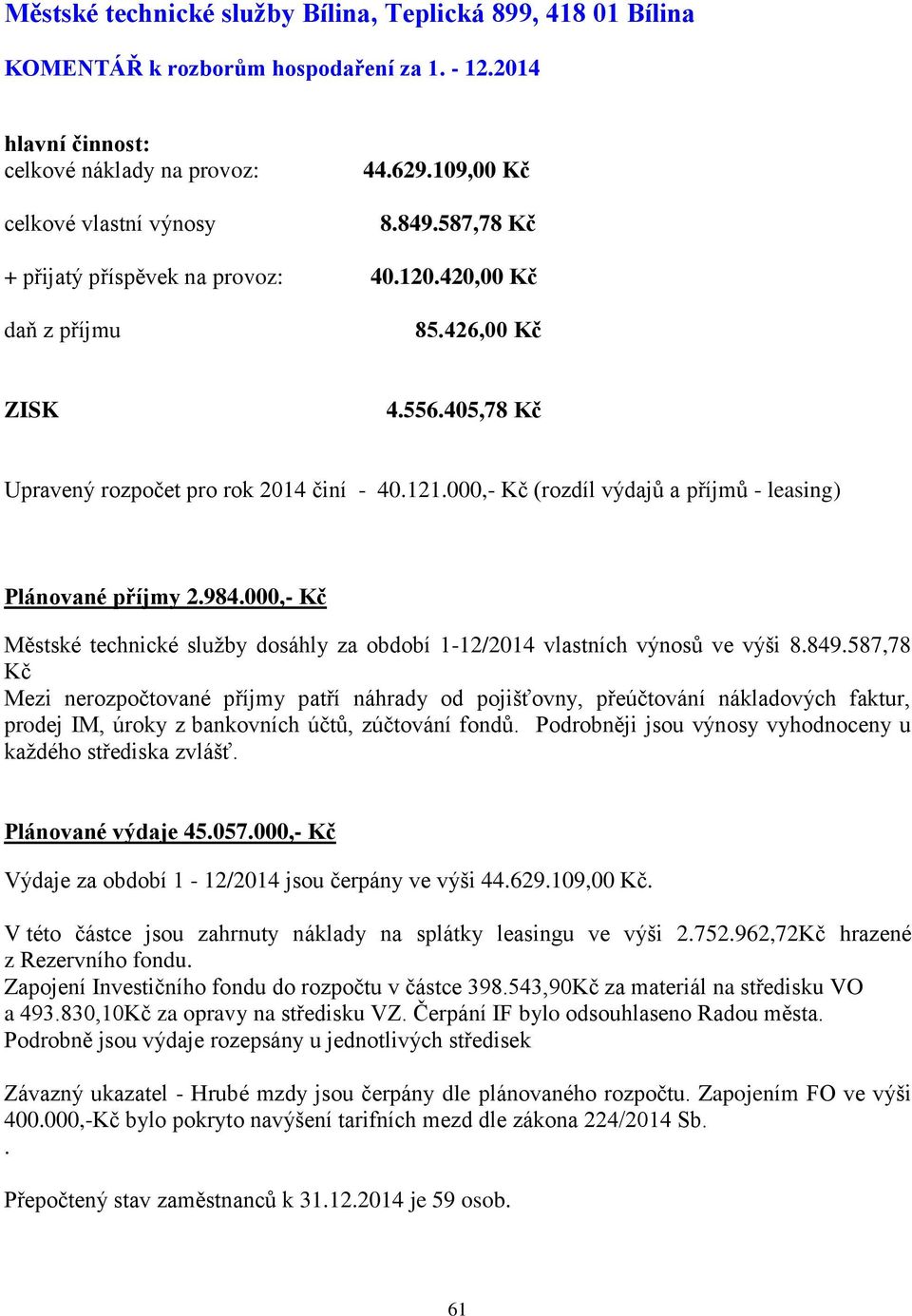 000,- Kč (rozdíl výdajů a příjmů - leasing) Plánované příjmy 2.984.000,- Kč Městské technické služby dosáhly za období 1-12/2014 vlastních výnosů ve výši 8.849.