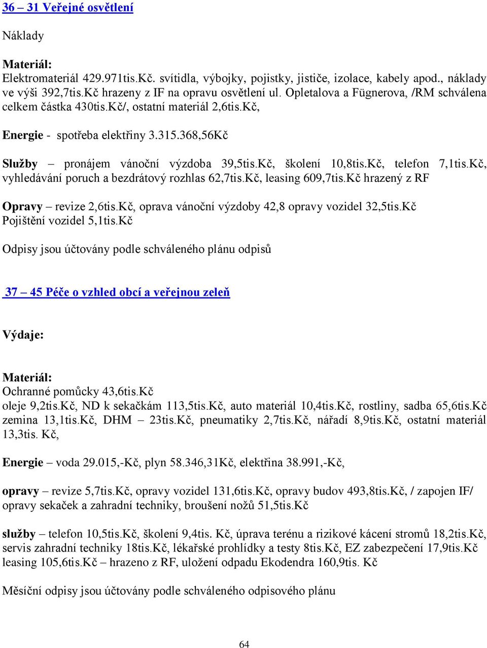 Kč, telefon 7,1tis.Kč, vyhledávání poruch a bezdrátový rozhlas 62,7tis.Kč, leasing 609,7tis.Kč hrazený z RF Opravy revize 2,6tis.Kč, oprava vánoční výzdoby 42,8 opravy vozidel 32,5tis.