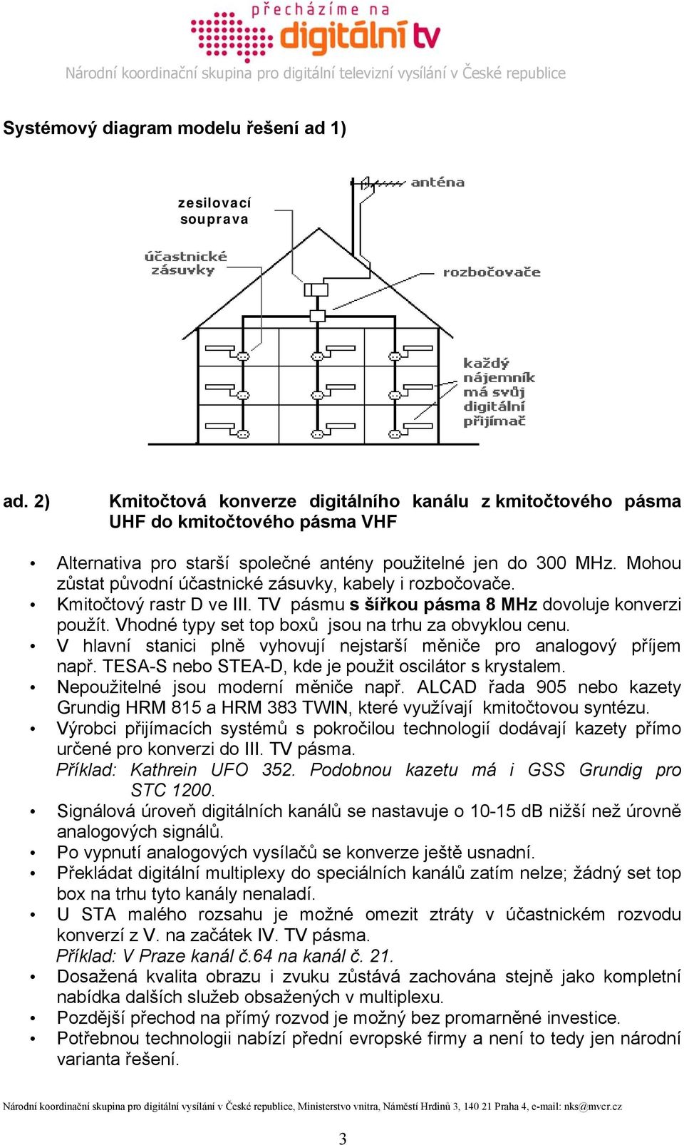 Mohou zůstat původní účastnické zásuvky, kabely i rozbočovače. Kmitočtový rastr D ve III. TV pásmu s šířkou pásma 8 MHz dovoluje konverzi použít.