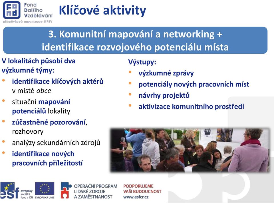 výzkumné týmy: identifikace klíčových aktérů v místě obce situační mapování potenciálů lokality zúčastněné