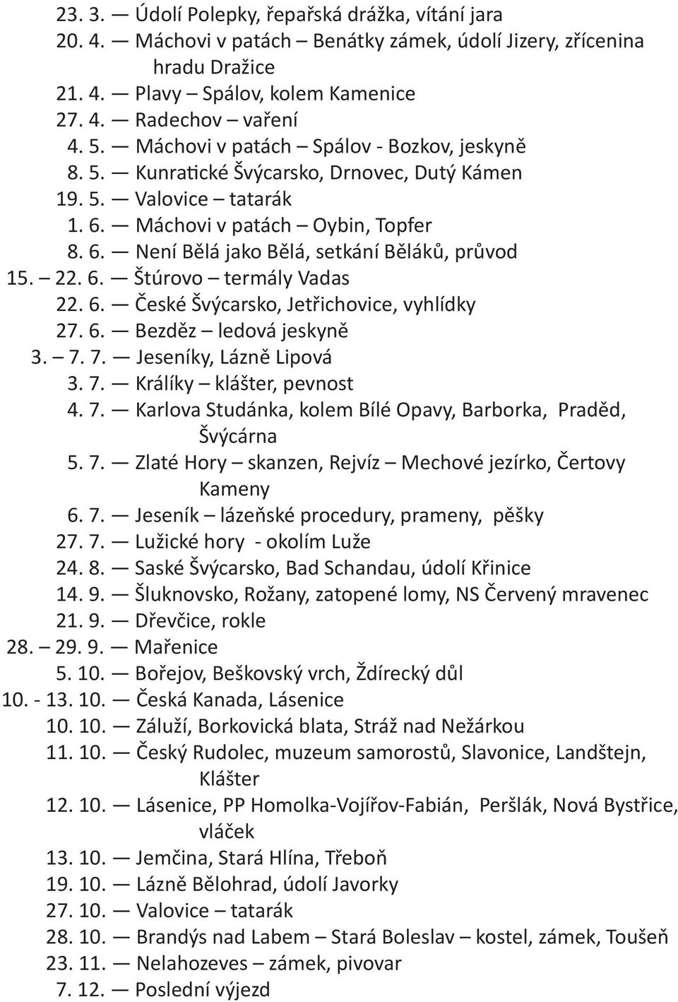 22. 6. Štúrovo termály Vadas 22. 6. České Švýcarsko, Jetřichovice, vyhlídky 27. 6. Bezděz ledová jeskyně 3. 7. 7. Jeseníky, Lázně Lipová 3. 7. Králíky klášter, pevnost 4. 7. Karlova Studánka, kolem Bílé Opavy, Barborka, Praděd, Švýcárna 5.