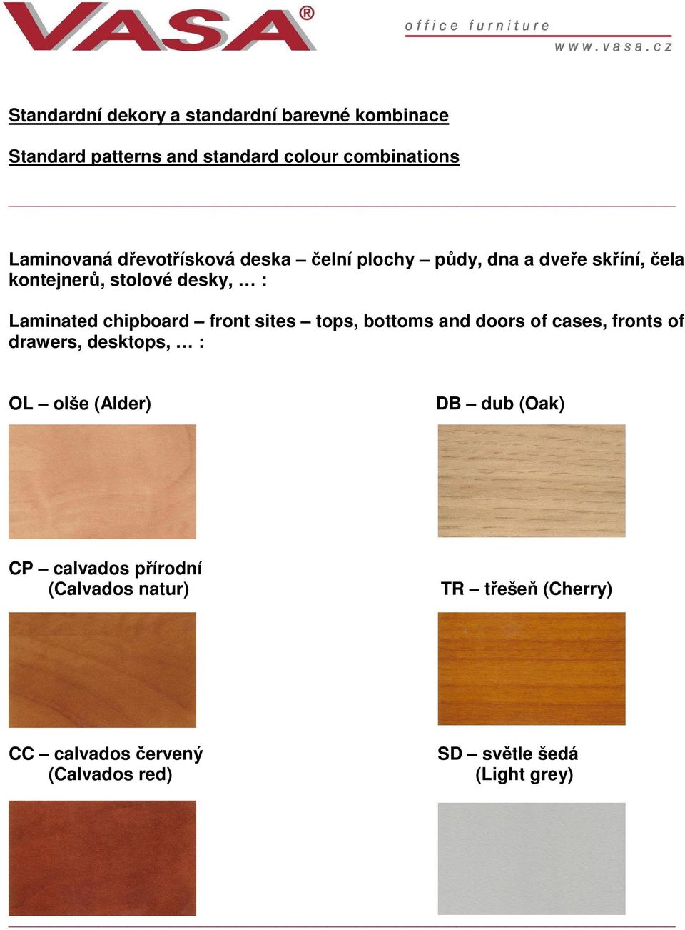 front sites tops, bottoms and doors of cases, fronts of drawers, desktops, : OL olše (Alder) DB dub (Oak) CP