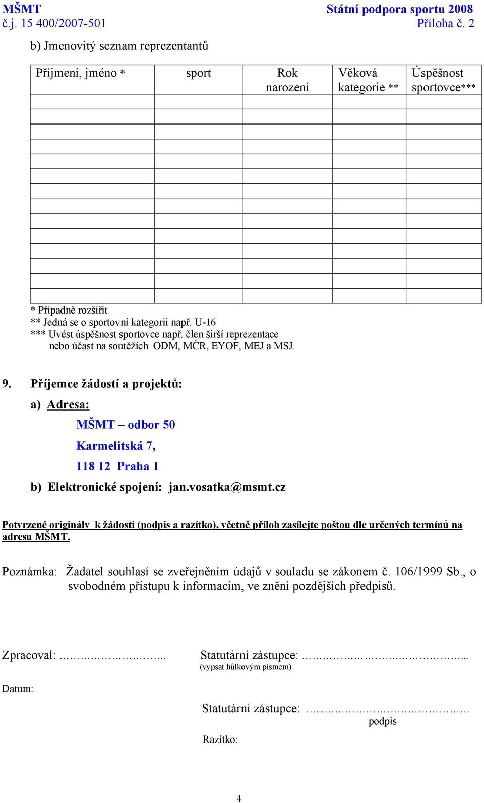 U-16 *** Uvést úspěšnost sportovce např. člen širší reprezentace nebo účast na soutěžích ODM, MČR, EYOF, MEJ a MSJ. 9.