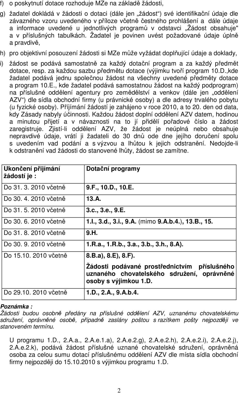 Žadatel je povinen uvést požadované údaje úplně a pravdivě, h) pro objektivní posouzení žádosti si MZe může vyžádat doplňující údaje a doklady, i) žádost se podává samostatně za každý dotační program