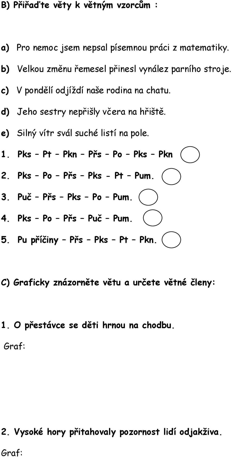 d) Jeho sestry nepřišly včera na hřiště. e) Silný vítr svál suché listí na pole. 1. Pt Pkn Pkn 2. - Pt Pum. 3. Puč Pum. 4.