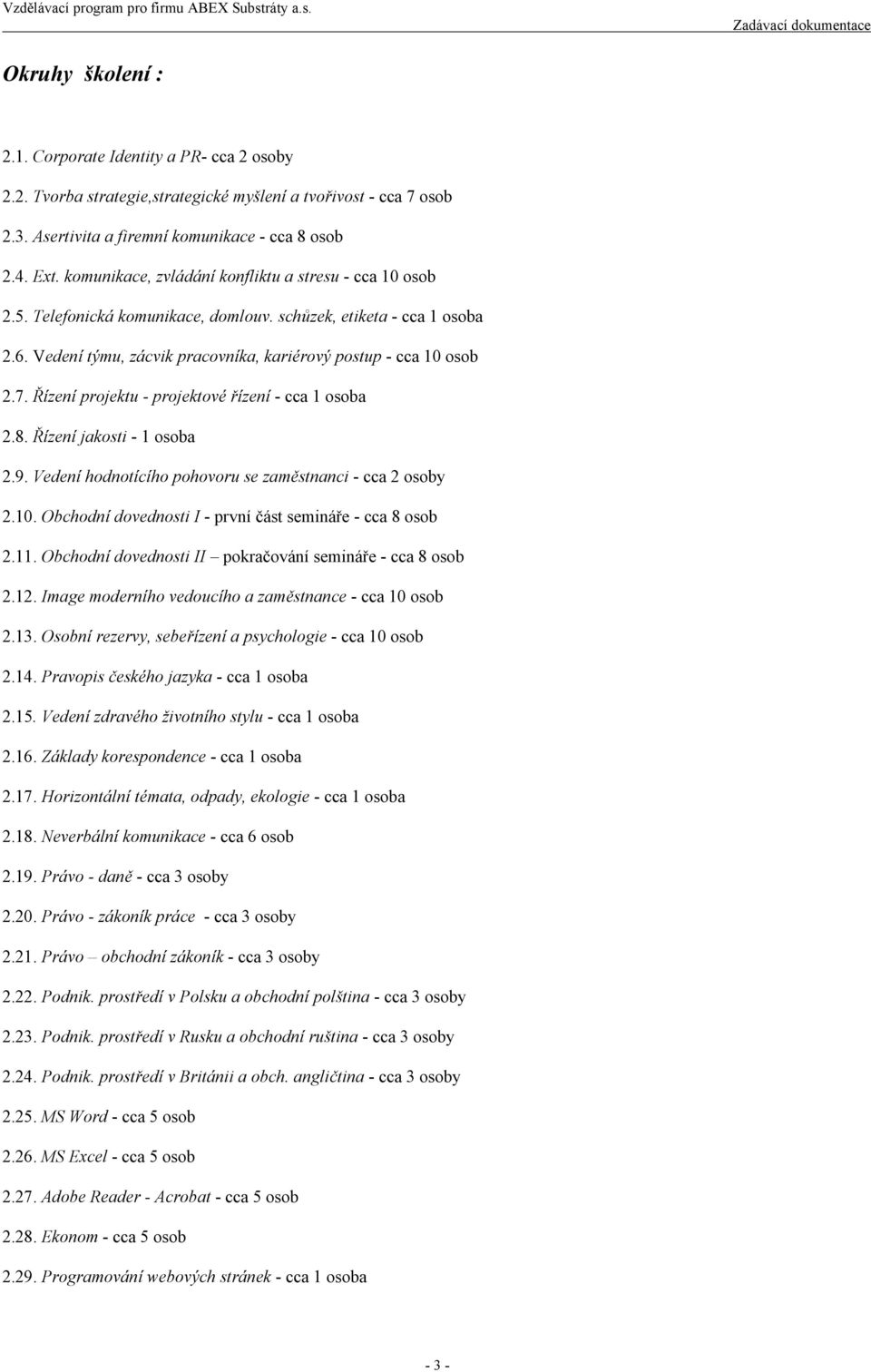 Řízení projektu - projektové řízení - cca 1 osoba 2.8. Řízení jakosti - 1 osoba 2.9. Vedení hodnotícího pohovoru se zaměstnanci - cca 2 osoby 2.10.