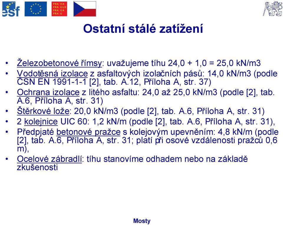 31) Štěrkové lože: 20,0 kn/m3 (podle [2], tab. A.6, Příloha A, str. 31) 2 kolejnice UIC 60: 1,2 kn/m (podle [2], tab. A.6, Příloha A, str. 31), Předpjaté betonové pražce skolejovým upevněním: 4,8 kn/m (podle [2], tab.