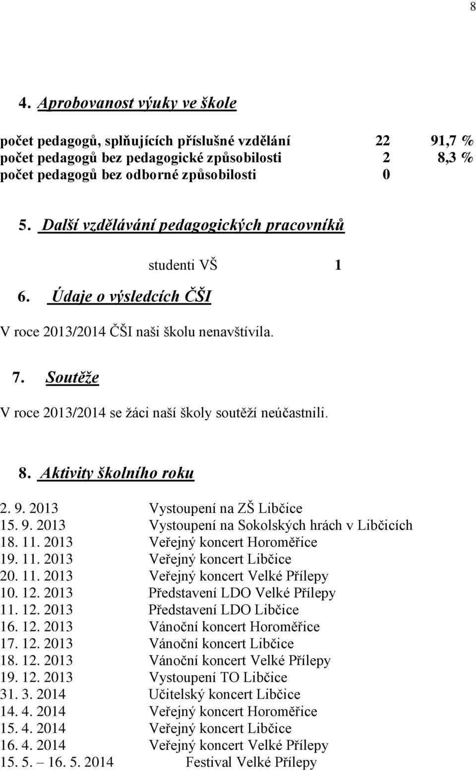 Aktivity školního roku 2. 9. 2013 Vystoupení na ZŠ Libčice 15. 9. 2013 Vystoupení na Sokolských hrách v Libčicích 18. 11. 2013 Veřejný koncert Horoměřice 19. 11. 2013 Veřejný koncert Libčice 20. 11. 2013 Veřejný koncert Velké Přílepy 10.