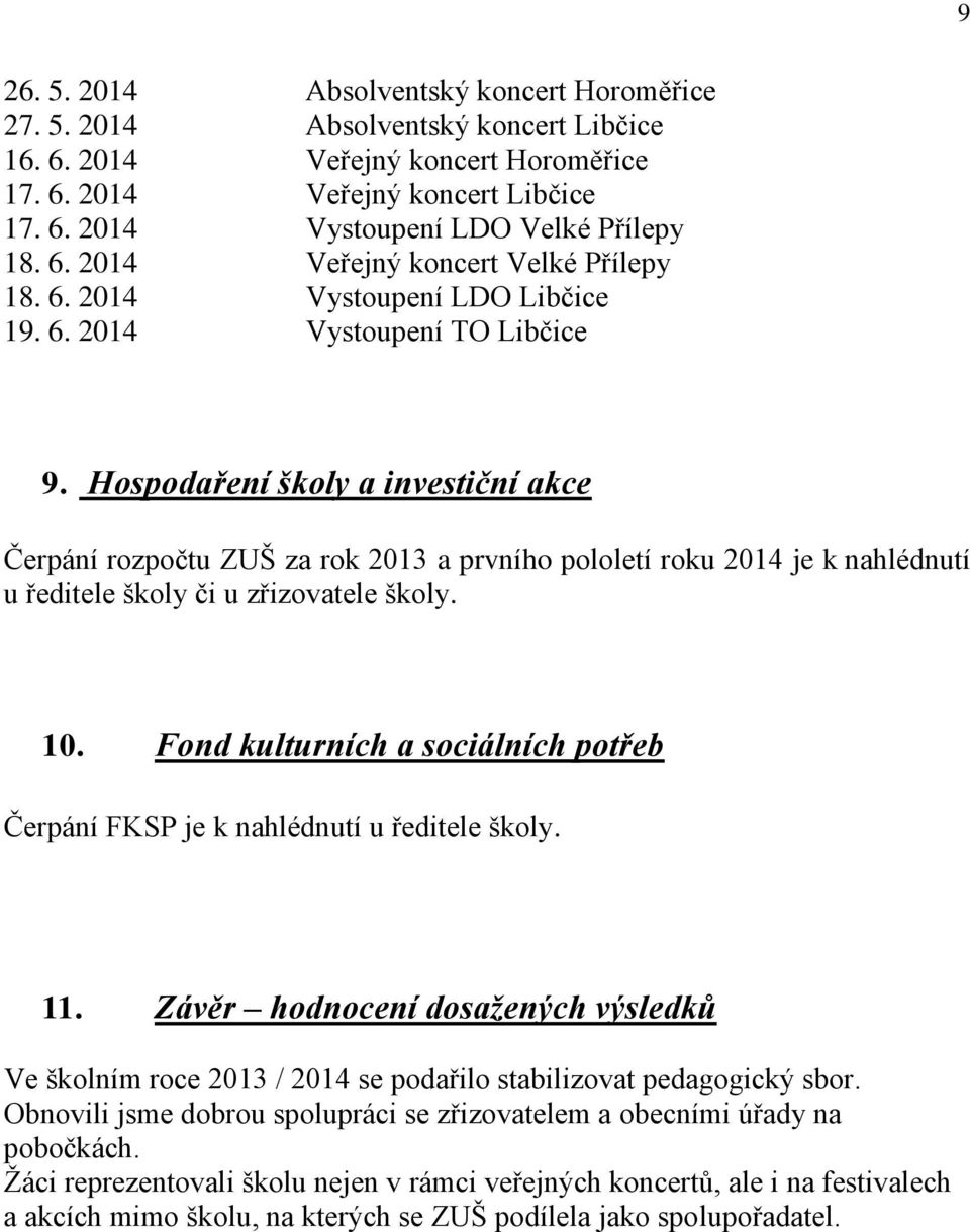 Hospodaření školy a investiční akce Čerpání rozpočtu ZUŠ za rok 2013 a prvního pololetí roku 2014 je k nahlédnutí u ředitele školy či u zřizovatele školy. 10.