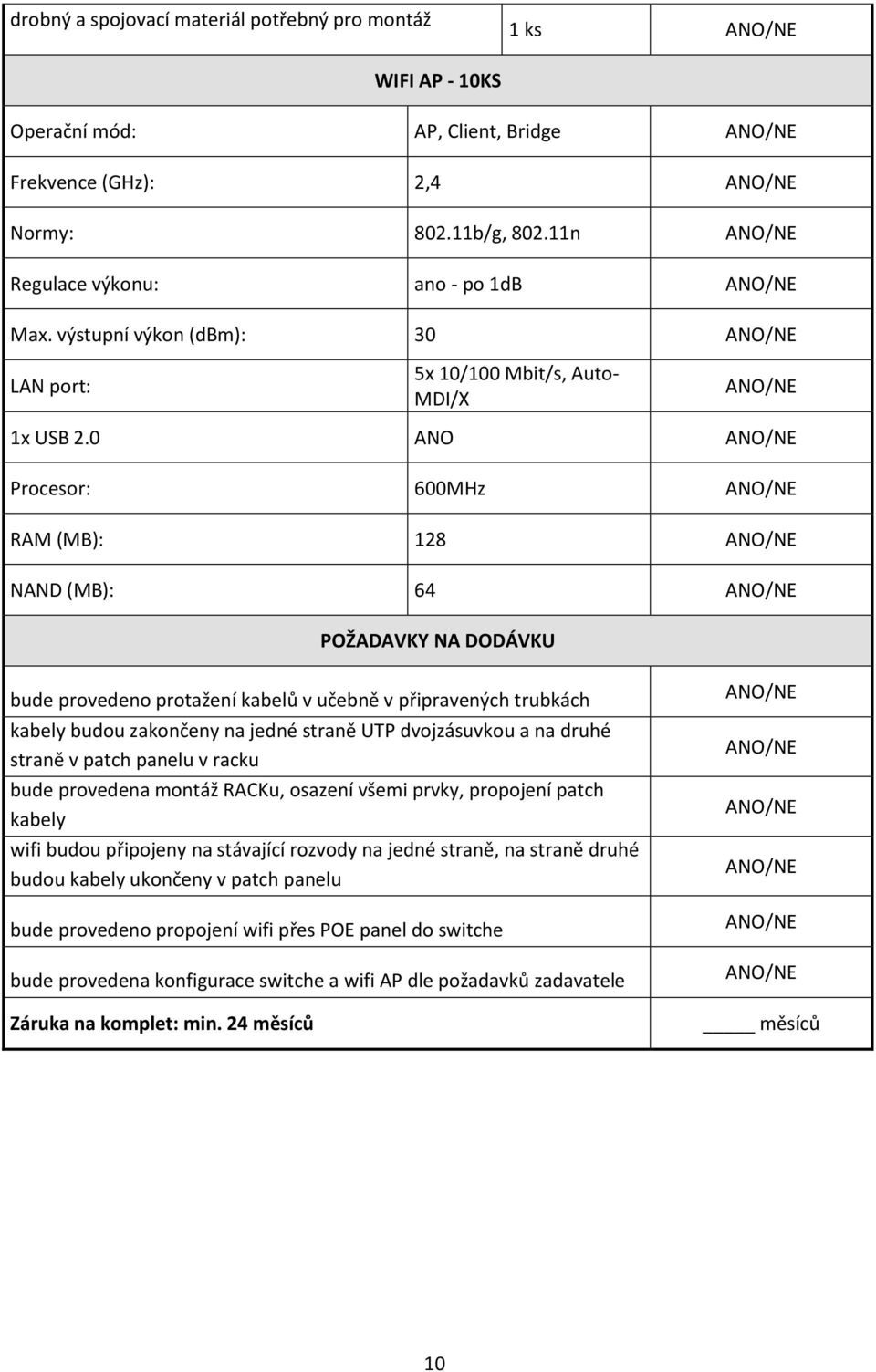 0 ANO Procesor: 600MHz RAM (MB): 128 NAND (MB): 64 POŽADAVKY NA DODÁVKU bude provedeno protažení kabelů v učebně v připravených trubkách kabely budou zakončeny na jedné straně UTP dvojzásuvkou a na