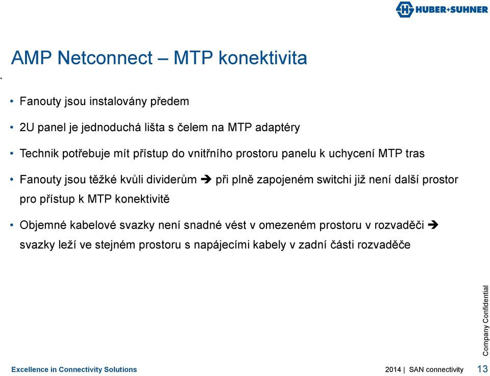 switchi již není další prostor pro přístup k MTP konektivitě Objemné kabelové svazky není snadné vést v omezeném prostoru v