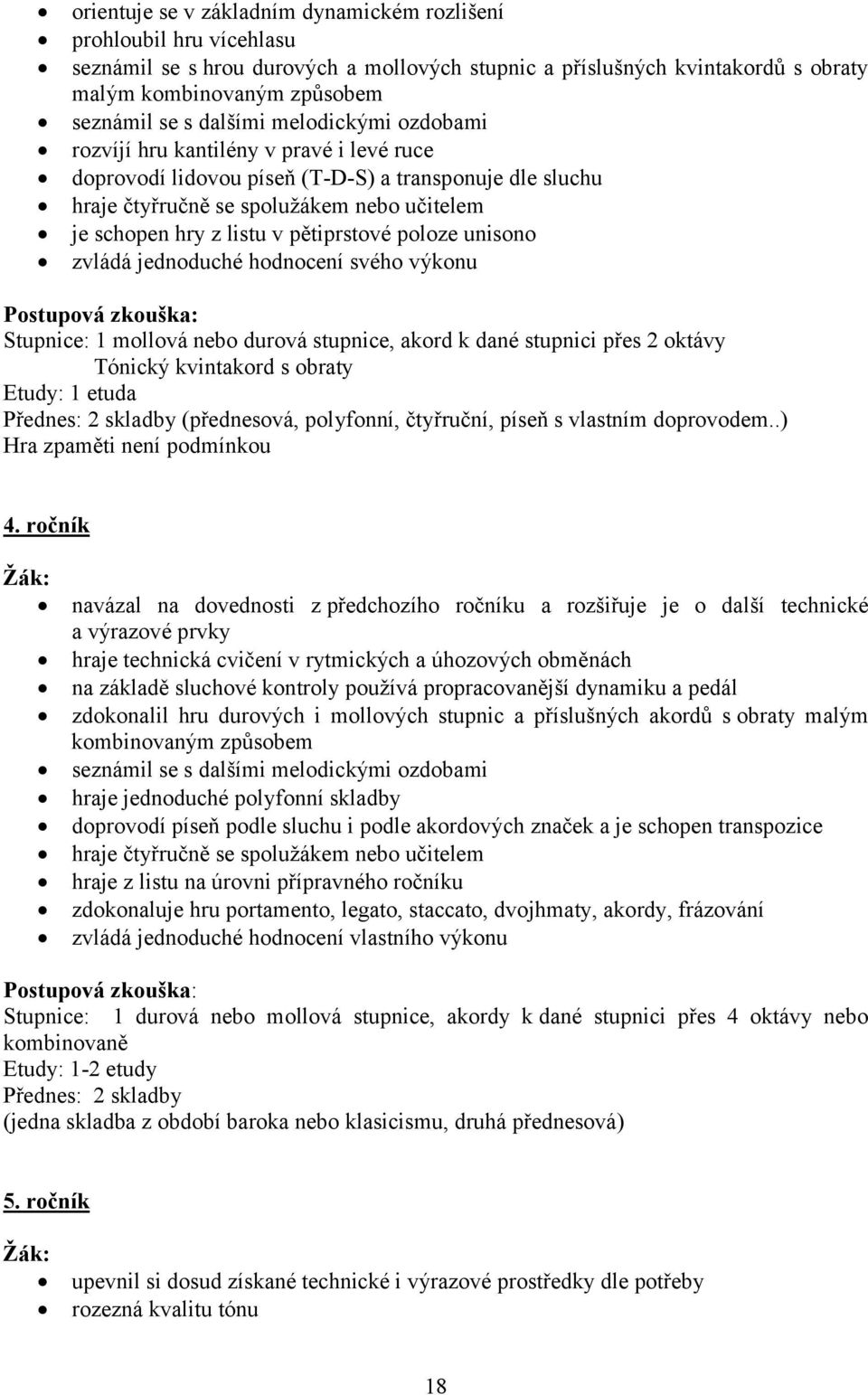 pětiprstové poloze unisono zvládá jednoduché hodnocení svého výkonu Stupnice: 1 mollová nebo durová stupnice, akord k dané stupnici přes 2 oktávy Tónický kvintakord s obraty Etudy: 1 etuda Přednes: 2