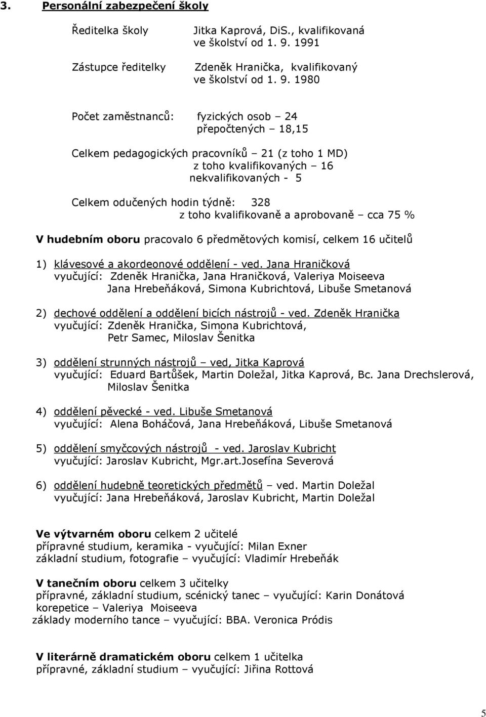 1980 Počet zaměstnanců: fyzických osob 24 přepočtených 18,15 Celkem pedagogických pracovníků 21 (z toho 1 MD) z toho kvalifikovaných 16 nekvalifikovaných - 5 Celkem odučených hodin týdně: 328 z toho