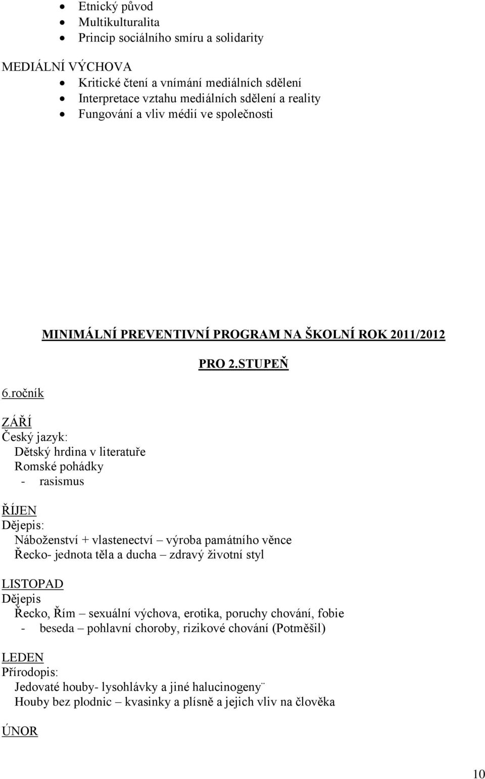 ročník MINIMÁLNÍ PREVENTIVNÍ PROGRAM NA ŠKOLNÍ ROK 2011/2012 Český jazyk: Dětský hrdina v literatuře Romské pohádky - rasismus PRO 2.