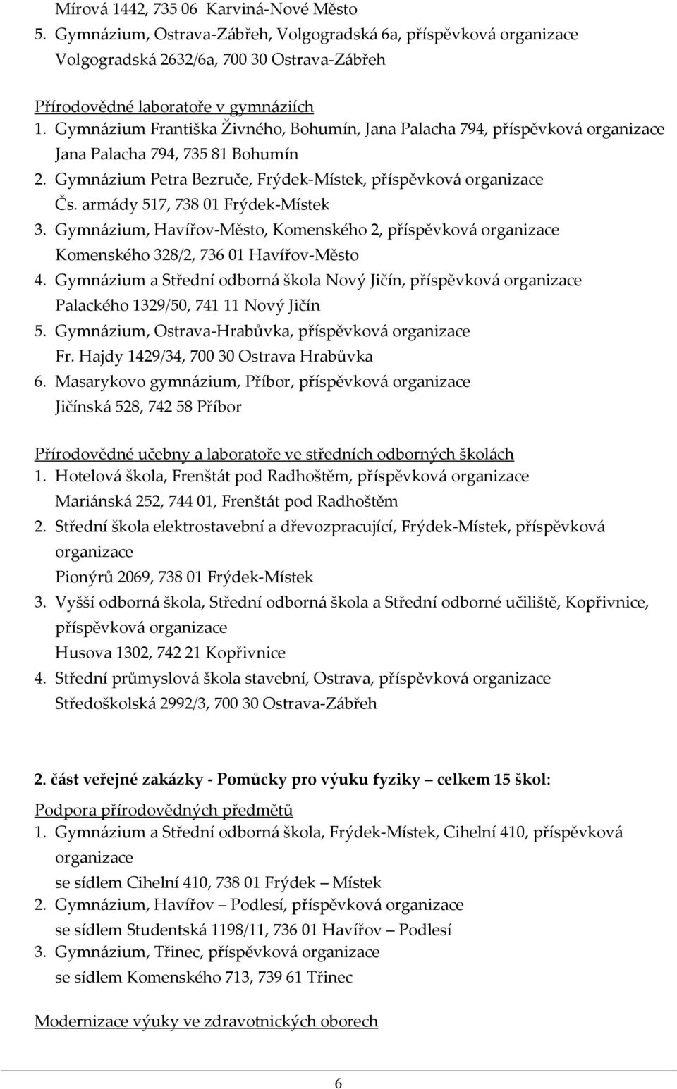 armády 517, 738 01 Frýdek-Místek 3. Gymnázium, Havířov-Město, Komenského 2, příspěvková organizace Komenského 328/2, 736 01 Havířov-Město 4.