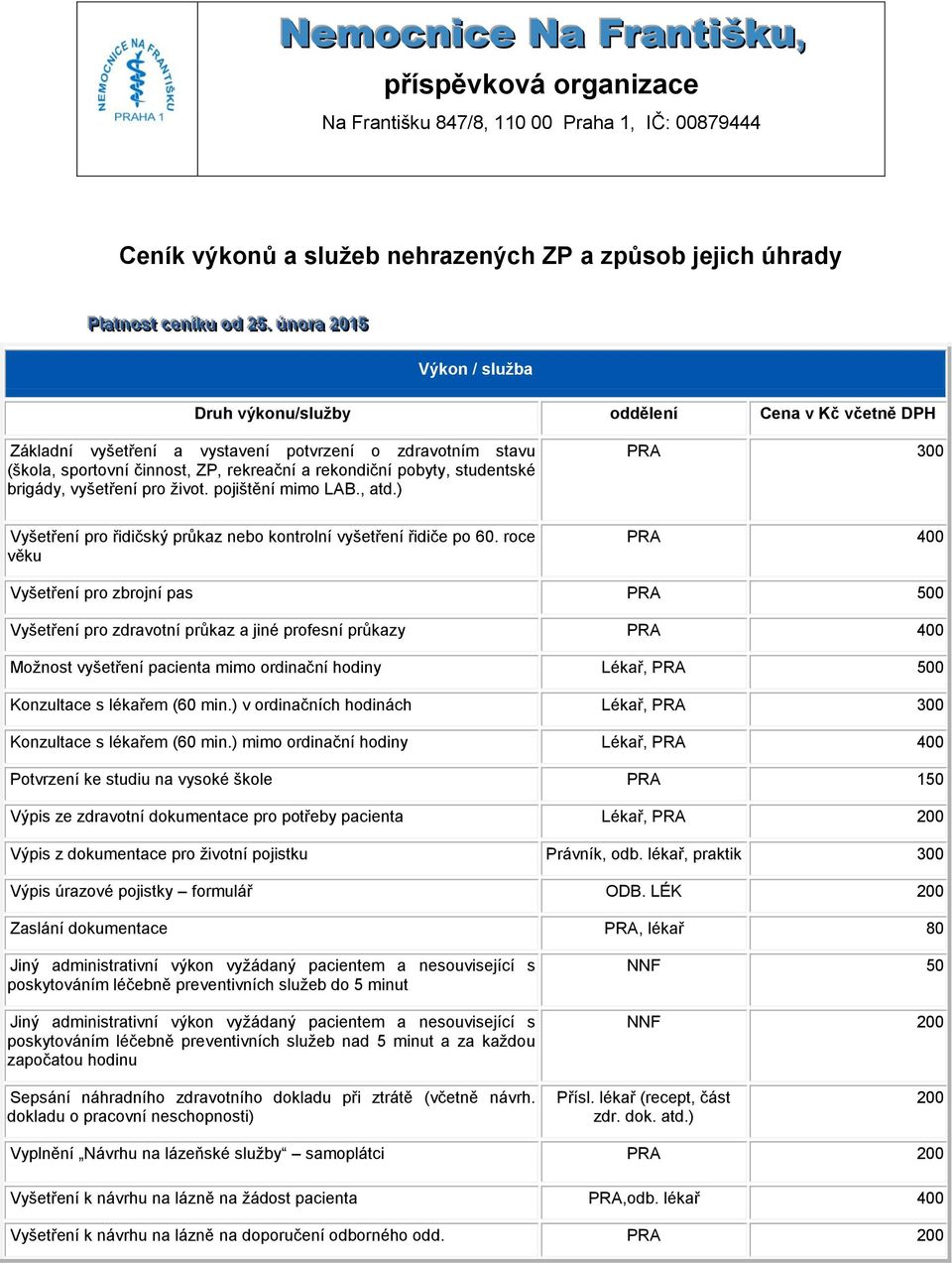 život. pojištění mimo LAB., atd.) PRA 300 Vyšetření pro řidičský průkaz nebo kontrolní vyšetření řidiče po 60.