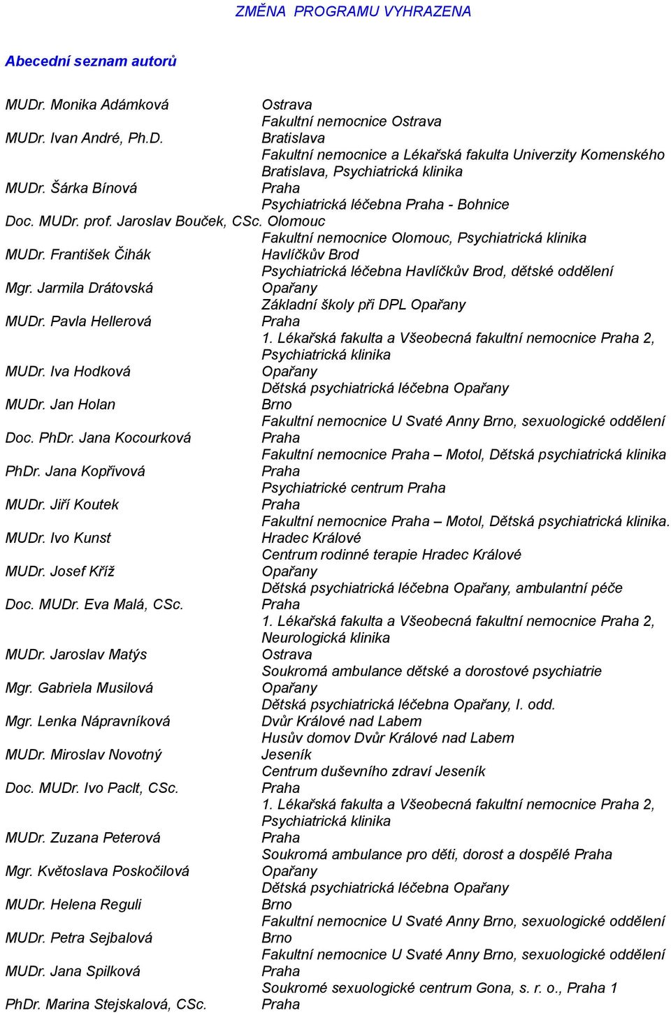 František Čihák Havlíčkův Brod Psychiatrická léčebna Havlíčkův Brod, dětské oddělení Mgr. Jarmila Drátovská Základní školy při DPL MUDr. Pavla Hellerová 1.