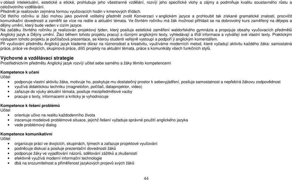 Od třetího ročníku si žáci mohou jako povinně volitelný předmět zvolit Konverzaci v anglickém jazyce a prohloubit tak získané gramatické znalosti, procvičit komunikační dovednosti a zaměřit se více