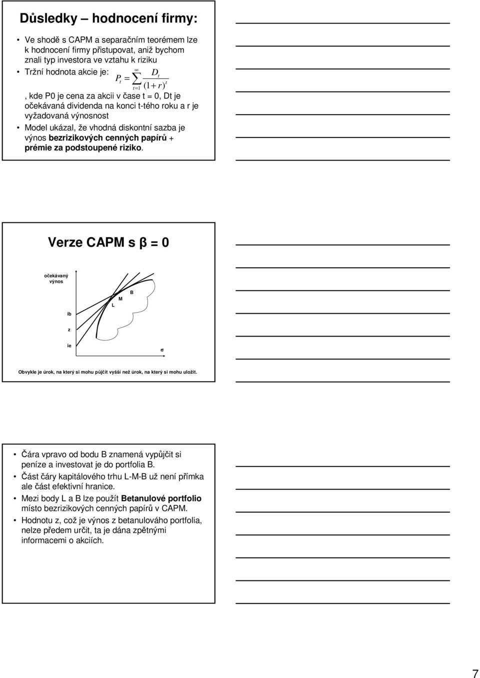 podstoupené riziko. Verze CAPM s β = 0 očekávaný výnos ib L M B z ie Obvykle e úrok, na který si ohu půčit vyšší než úrok, na který si ohu uložit.