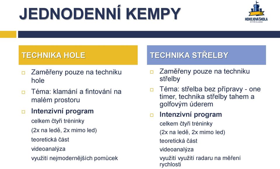 střelba bez přípravy - one timer, technika střelby tahem a golfovým úderem Intenzivní program celkem čtyři tréninky (2x na