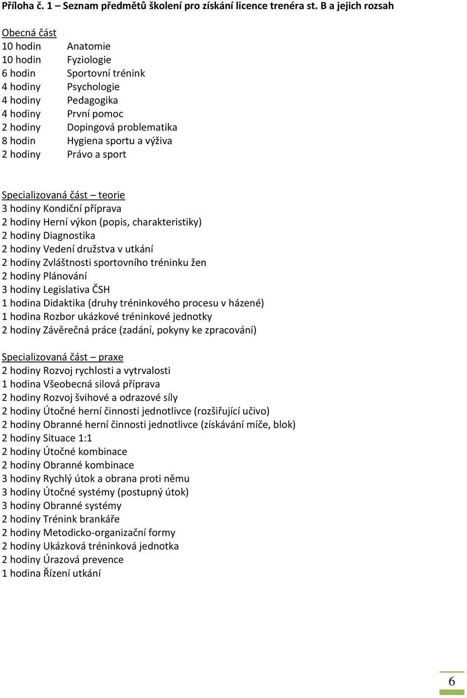 Hygiena sportu a výživa 2 hodiny Právo a sport Specializovaná část teorie 3 hodiny Kondiční příprava 2 hodiny Herní výkon (popis, charakteristiky) 2 hodiny Diagnostika 2 hodiny Vedení družstva v