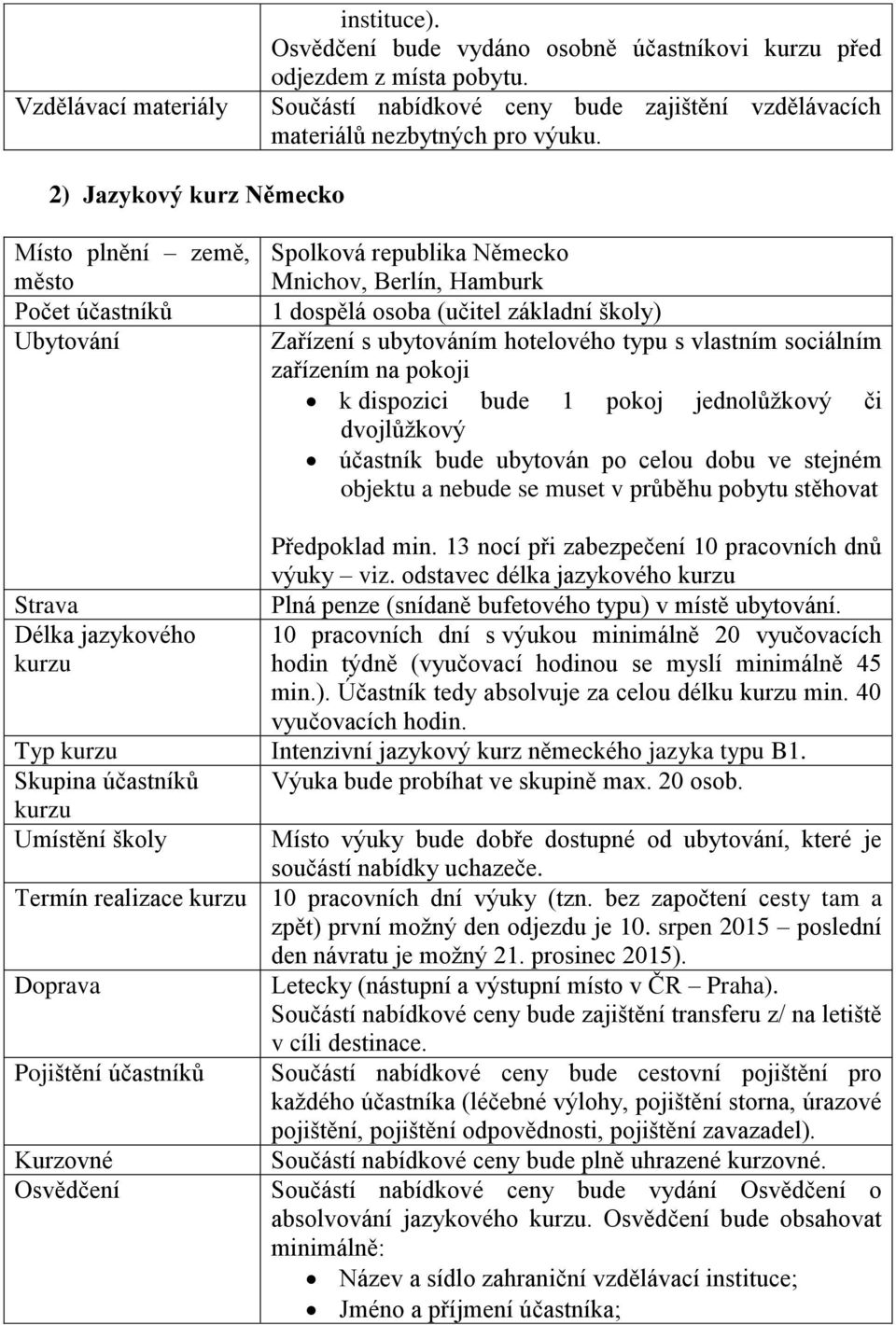 hotelového typu s vlastním sociálním zařízením na pokoji k dispozici bude 1 pokoj jednolůžkový či dvojlůžkový účastník bude ubytován po celou dobu ve stejném objektu a nebude se muset v průběhu