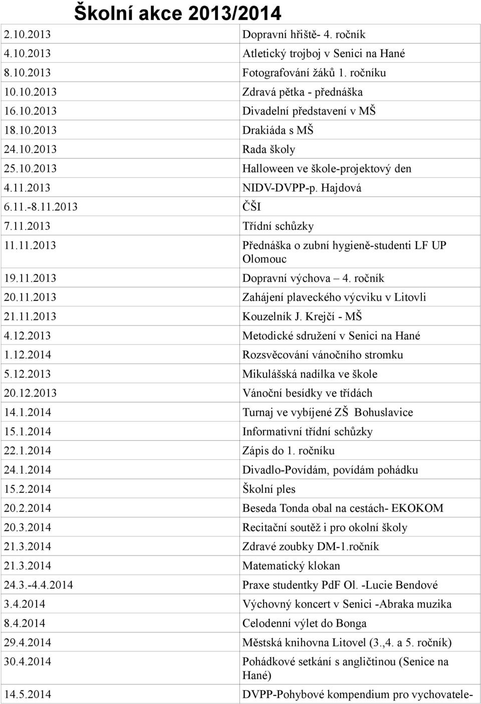 11.2013 Dopravní výchova 4. ročník 20.11.2013 Zahájení plaveckého výcviku v Litovli 21.11.2013 Kouzelník J. Krejčí - MŠ 4.12.2013 Metodické sdružení v Senici na Hané 1.12.2014 Rozsvěcování vánočního stromku 5.