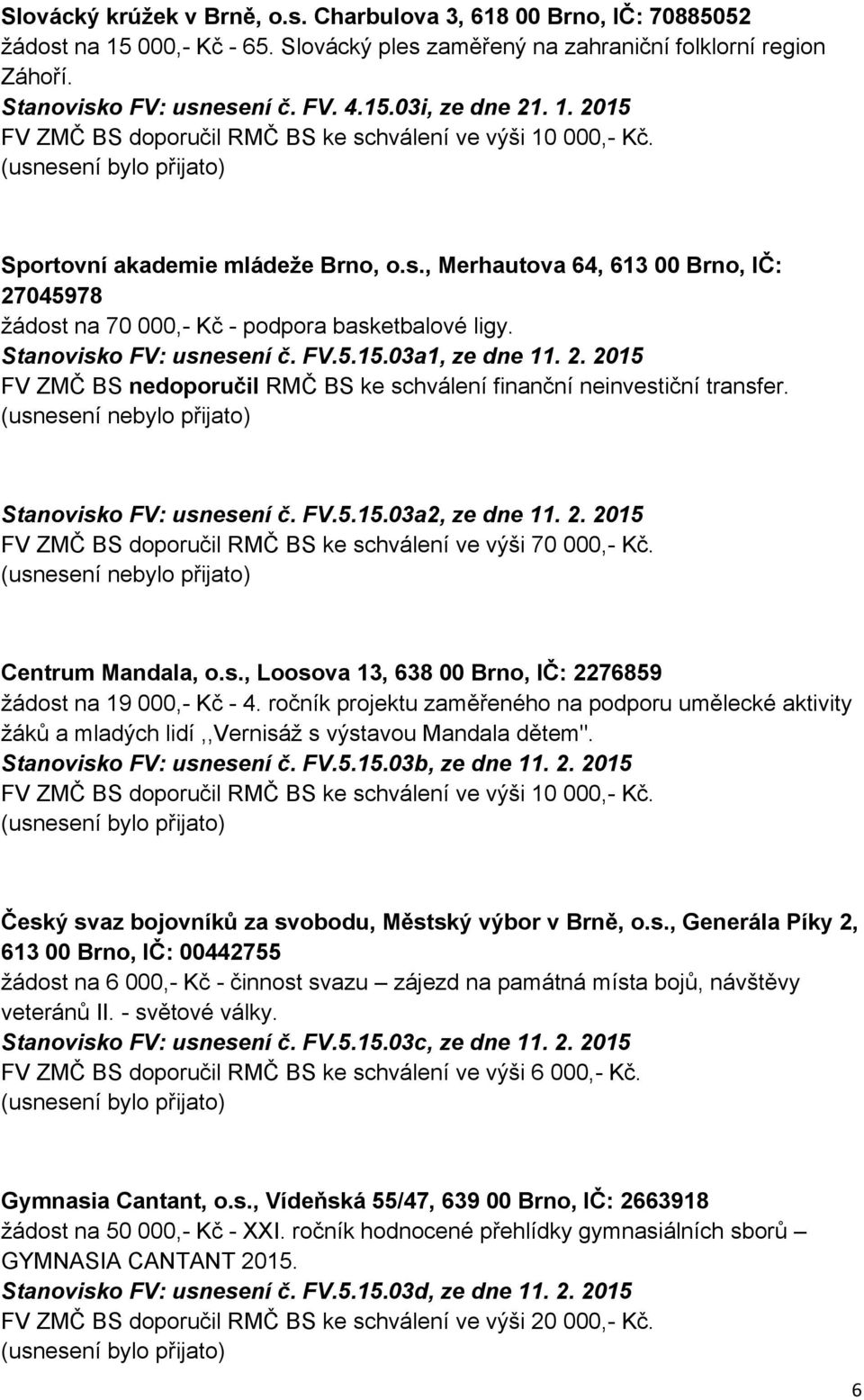 Stanovisko FV: usnesení č. FV.5.15.03a2, ze dne 11. 2. 2015 FV ZMČ BS doporučil RMČ BS ke schválení ve výši 70 000,- Kč. Centrum Mandala, o.s., Loosova 13, 638 00 Brno, IČ: 2276859 žádost na 19 000,- Kč - 4.