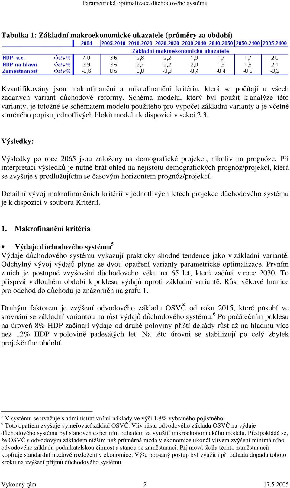 sekci 2.3. Výsledky: Výsledky po roce 2065 jsou založeny na demografické projekci, nikoliv na prognóze.