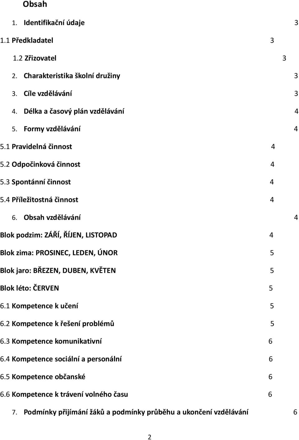 Obsah vzdělávání 4 Blok podzim: ZÁŘÍ, ŘÍJEN, LISTOPAD 4 Blok zima: PROSINEC, LEDEN, ÚNOR 5 Blok jaro: BŘEZEN, DUBEN, KVĚTEN 5 Blok léto: ČERVEN 5 6.1 Kompetence k učení 5 6.