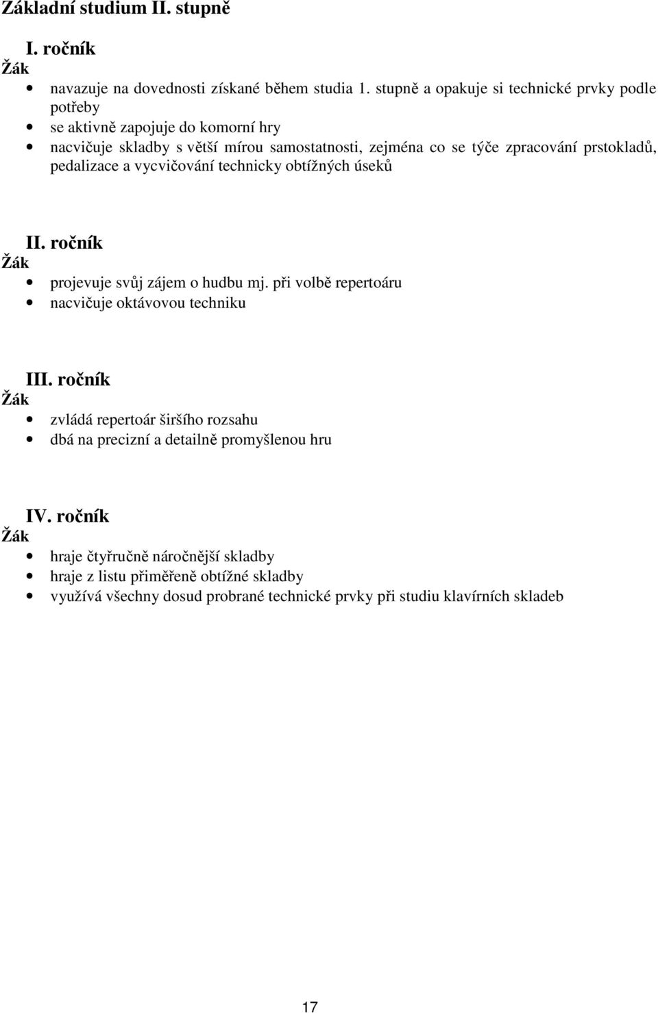 prstokladů, pedalizace a vycvičování technicky obtížných úseků II. ročník projevuje svůj zájem o hudbu mj. při volbě repertoáru nacvičuje oktávovou techniku III.