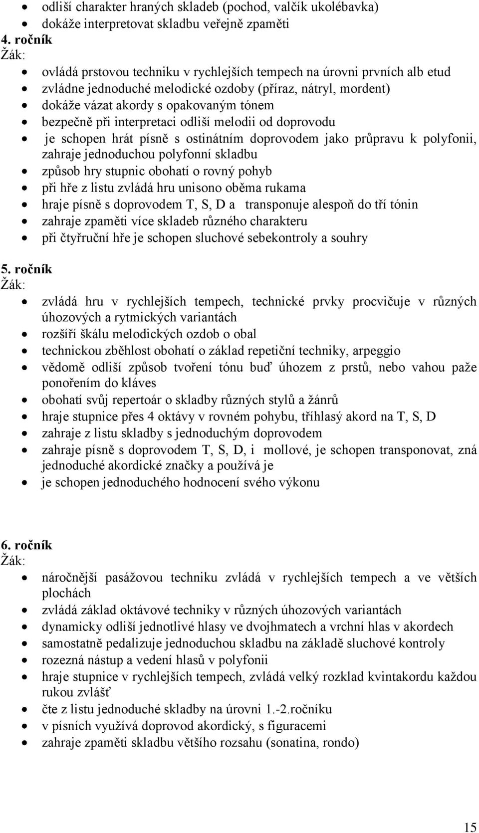 interpretaci odliší melodii od doprovodu je schopen hrát písně s ostinátním doprovodem jako průpravu k polyfonii, zahraje jednoduchou polyfonní skladbu způsob hry stupnic obohatí o rovný pohyb při