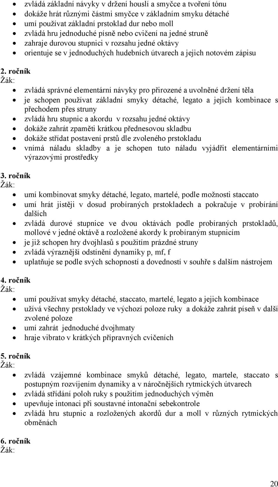 ročník zvládá správné elementární návyky pro přirozené a uvolněné držení těla je schopen používat základní smyky détaché, legato a jejich kombinace s přechodem přes struny zvládá hru stupnic a akordu