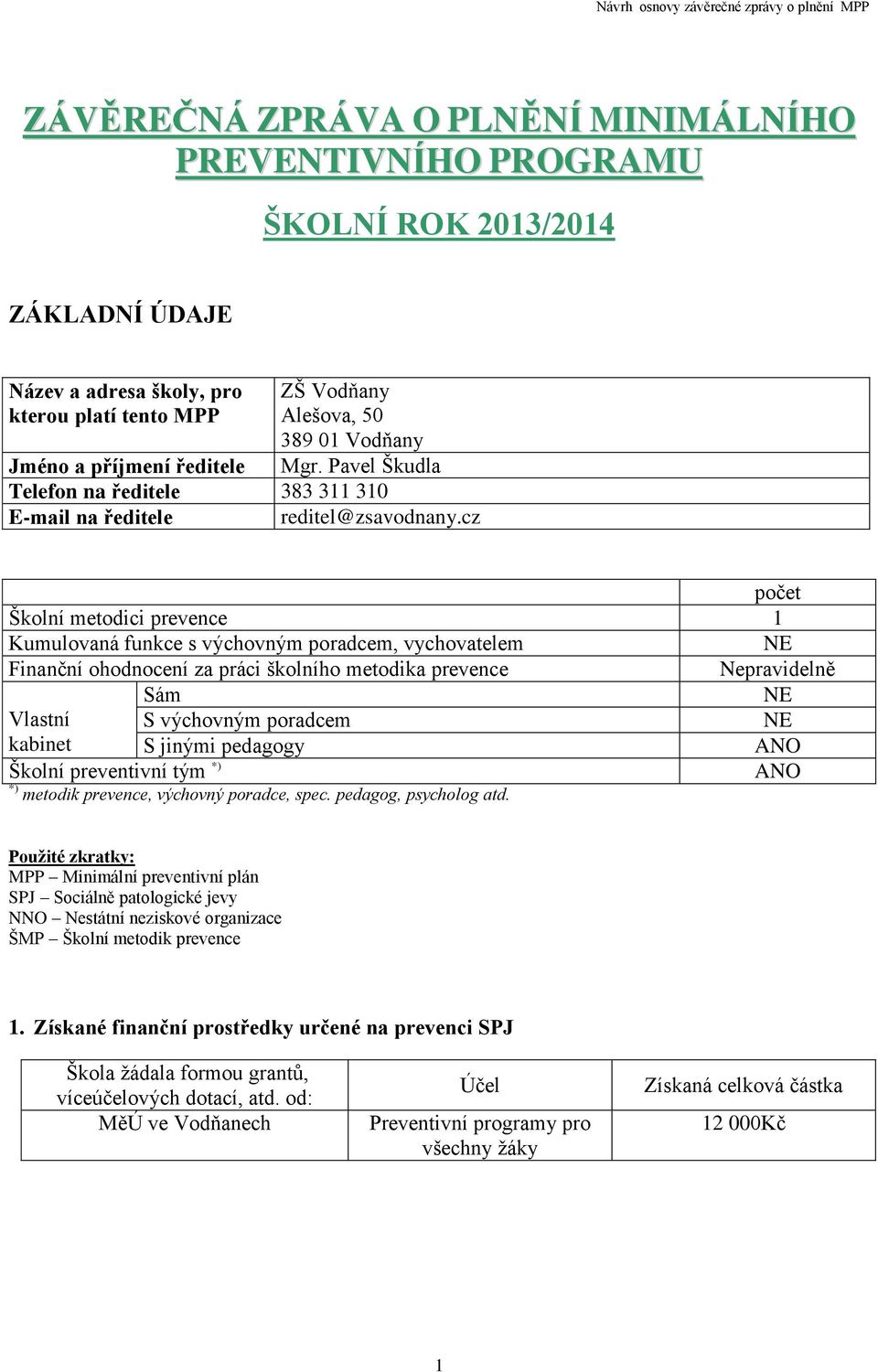 cz Školní metodici prevence 1 Kumulovaná funkce s výchovným poradcem, vychovatelem Finanční ohodnocení za práci školního metodika prevence Nepravidelně Sám Vlastní S výchovným poradcem kabinet S