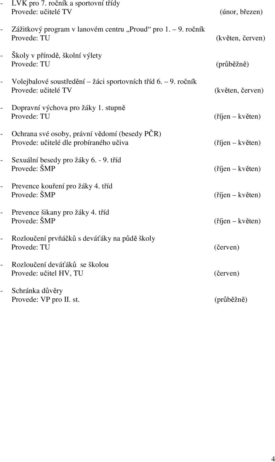 stupně Provede: TU - Ochrana své osoby, právní vědomí (besedy PČR) Provede: učitelé dle probíraného učiva - Sexuální besedy pro žáky 6. - 9. tříd - Prevence kouření pro žáky 4.