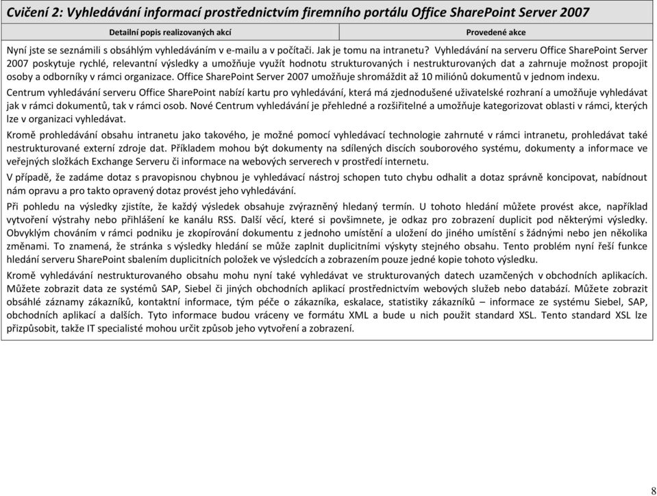 Vyhledávání na serveru Office SharePoint Server 2007 poskytuje rychlé, relevantní výsledky a umožňuje využít hodnotu strukturovaných i nestrukturovaných dat a zahrnuje možnost propojit osoby a