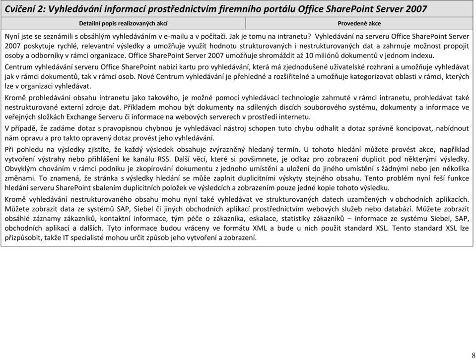 Vyhledávání na serveru Office SharePoint Server 2007 poskytuje rychlé, relevantní výsledky a umožňuje využít hodnotu strukturovaných i nestrukturovaných dat a zahrnuje možnost propojit osoby a