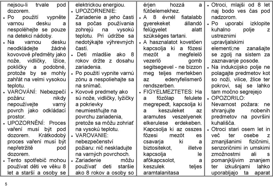 VAROVÁNÍ: Nebezpečí požáru: nikdy nepoužívejte varný povrch jako odkládací prostor. UPOZORNĚNÍ: Proces vaření musí být pod dozorem. Krátkodobý proces vaření musí být nepřetržitě pod dozorem.