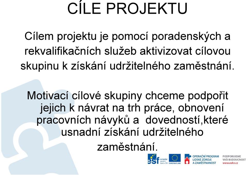 Motivací cílové skupiny chceme podpořit jejich k návrat na trh práce,