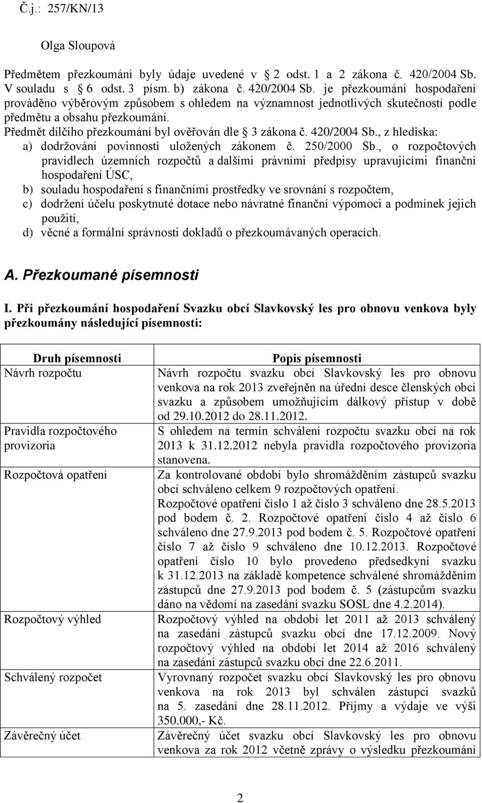 Předmět dílčího přezkoumání byl ověřován dle 3 zákona č. 420/2004 Sb., z hlediska: a) dodržování povinností uložených zákonem č. 250/2000 Sb.