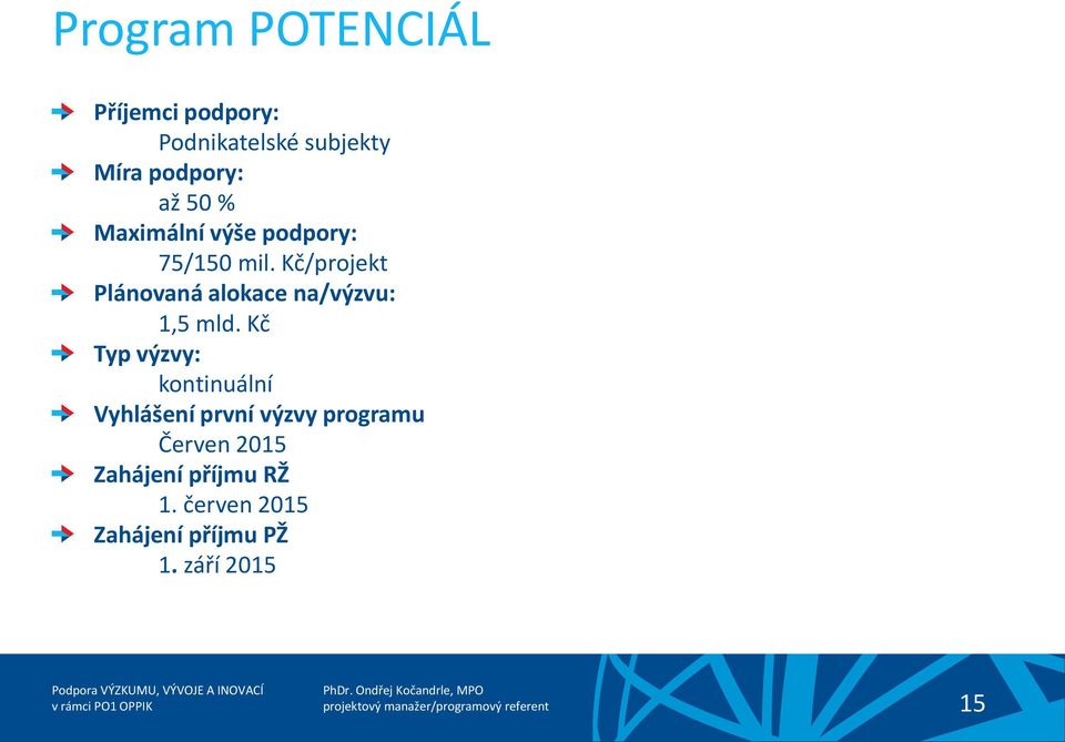 Kč Typ výzvy: kontinuální Vyhlášení první výzvy programu Červen 2015 Zahájení příjmu RŽ 1.