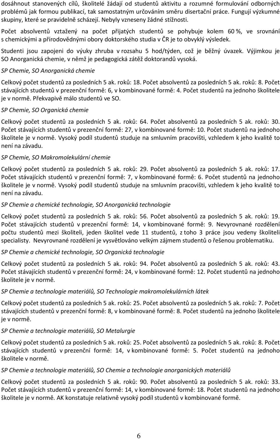 Počet absolventů vztažený na počet přijatých studentů se pohybuje kolem 60 %, ve srovnání s chemickými a přírodovědnými obory doktorského studia v ČR je to obvyklý výsledek.