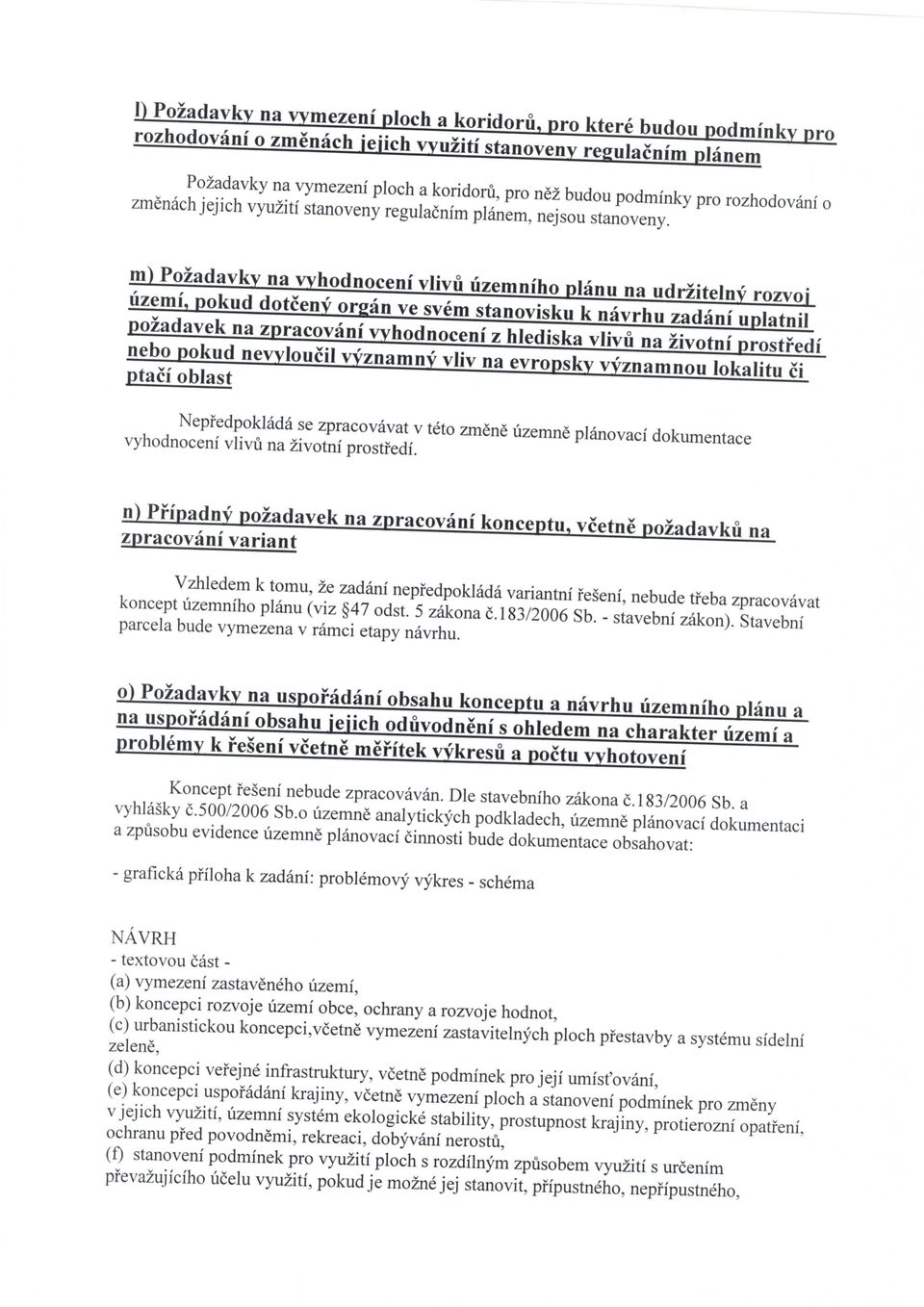 m) Pozadavky na vyhodnoceni vlivu uzemniho planu na udrzitelny rozvoj uzemi, pokud dotceny organ ve svem stanovisku k navrhu zadani uplatnil pozadavek na zpracovani vyhodnoceni z hlediska vlivu na
