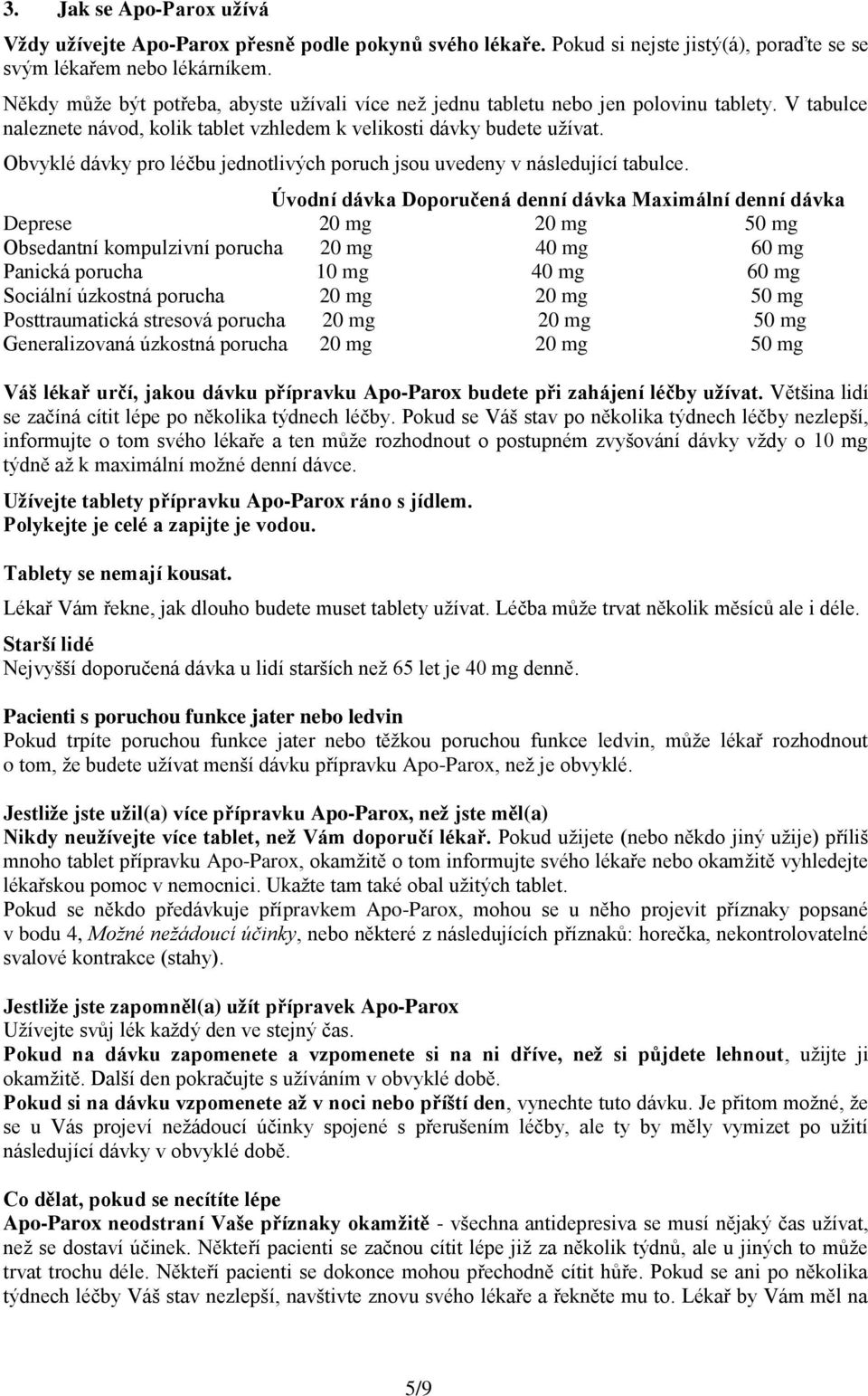 Obvyklé dávky pro léčbu jednotlivých poruch jsou uvedeny v následující tabulce.