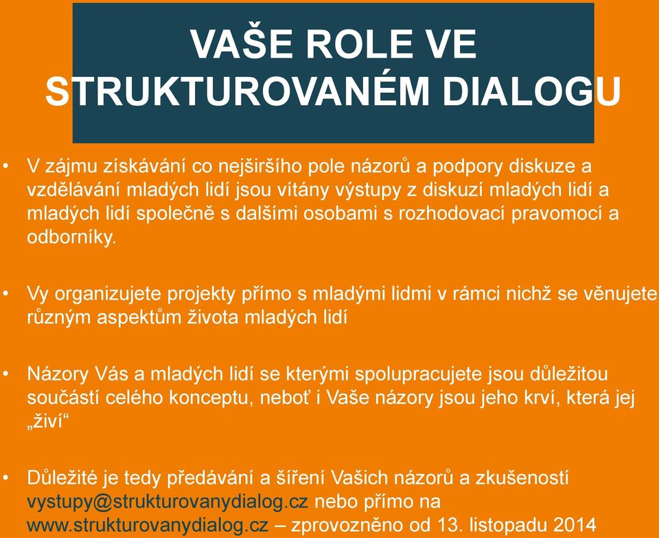 Vy organizujete projekty přímo s mladými lidmi v rámci nichž se věnujete různým aspektům života mladých lidí Názory Vás a mladých lidí se kterými spolupracujete jsou