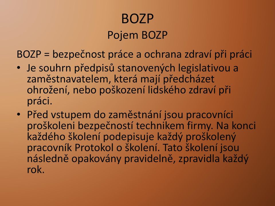 Před vstupem do zaměstnání jsou pracovníci proškoleni bezpečností technikem firmy.