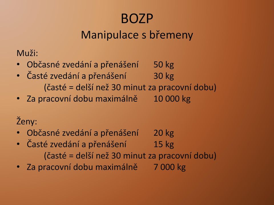 maximálně 10 000 kg Ženy: Občasné zvedání a přenášení 20 kg Časté zvedání a