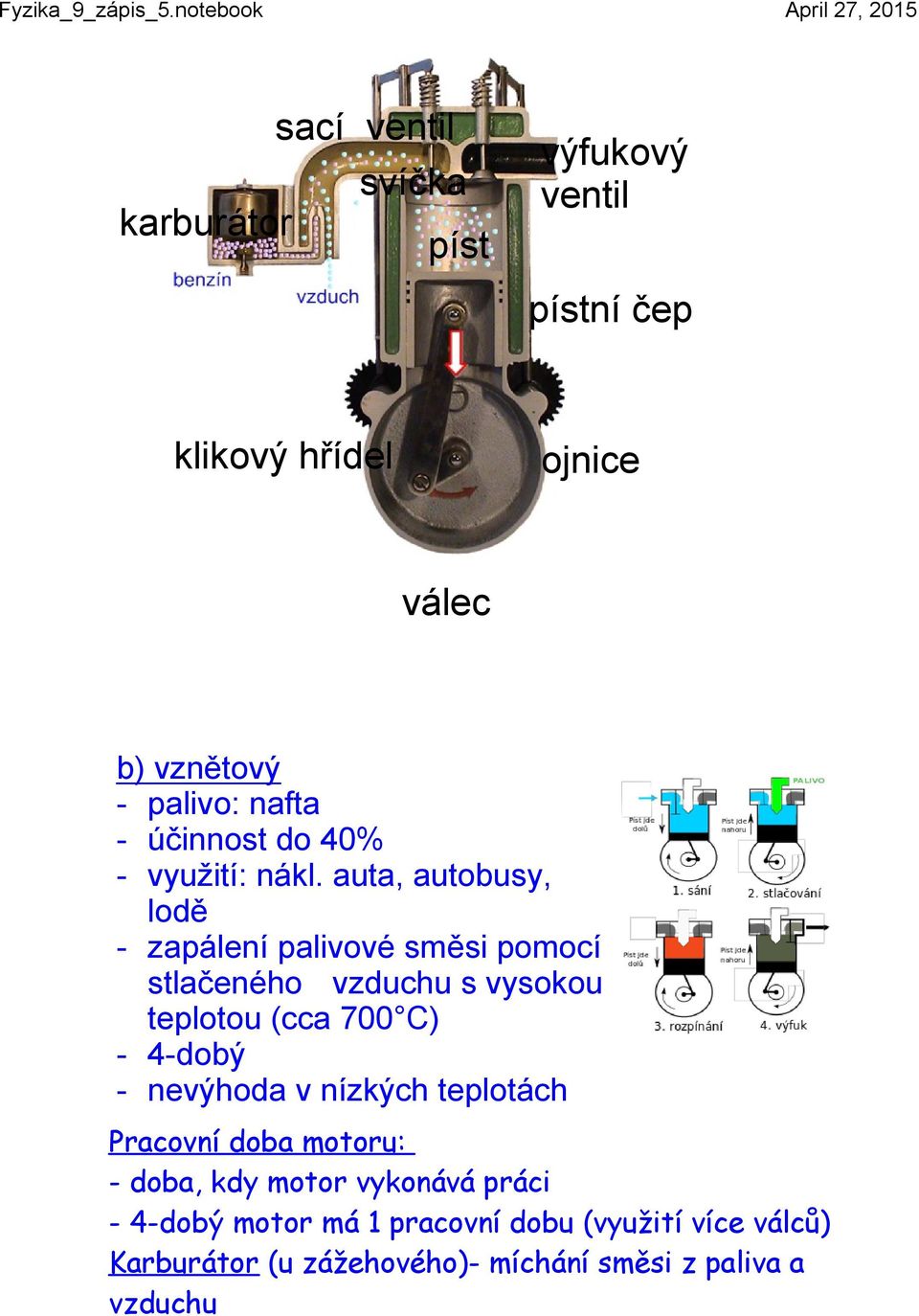 auta, autobusy, lodě zapálení palivové směsi pomocí stlačeného vzduchu s vysokou teplotou (cca 700 C) 4 dobý