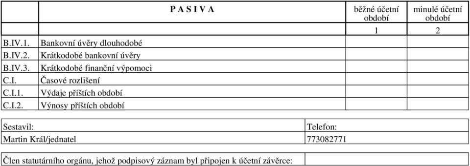 P A S I V A běžné účetní minulé účetní Sestavil: Telefon: Martin Král/jednatel